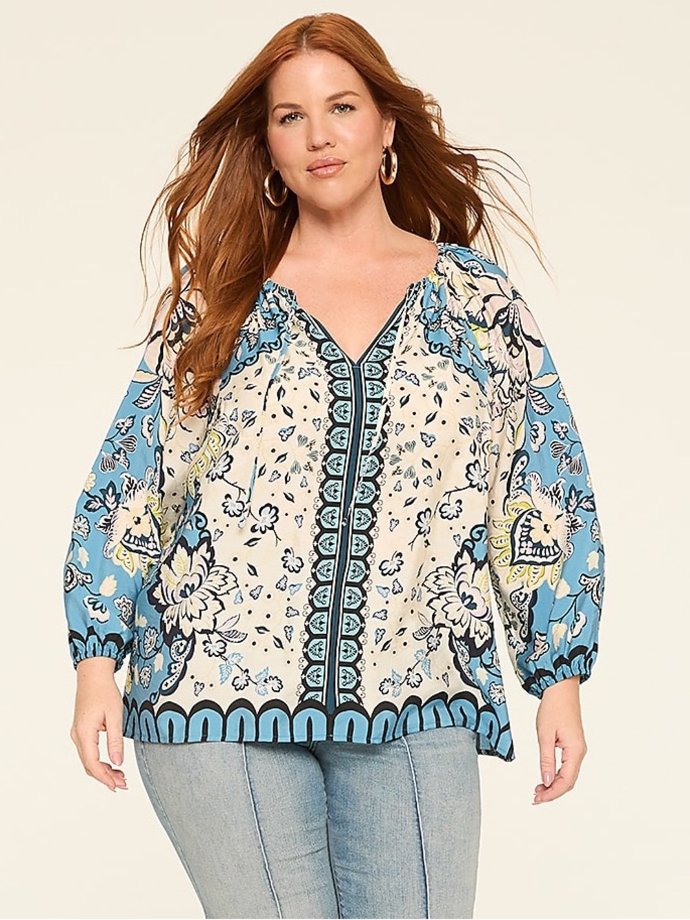 Lane Bryant Blue Paisley Long Sleeve Peasant Blouse Size 26/28